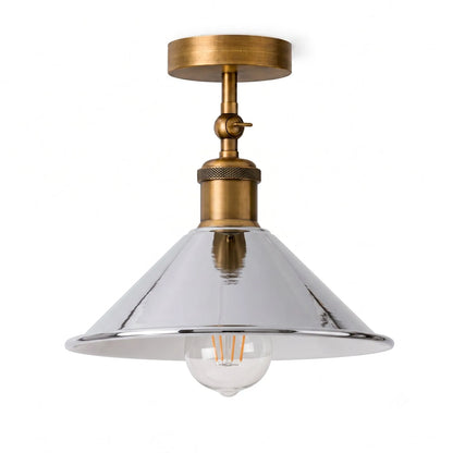 Adjustable Semi Flush Light with Switch – Wall or Ceiling, E27, with Shade - Yellow Brass, Flat Cone 22 cm Chrome, Without Bulb