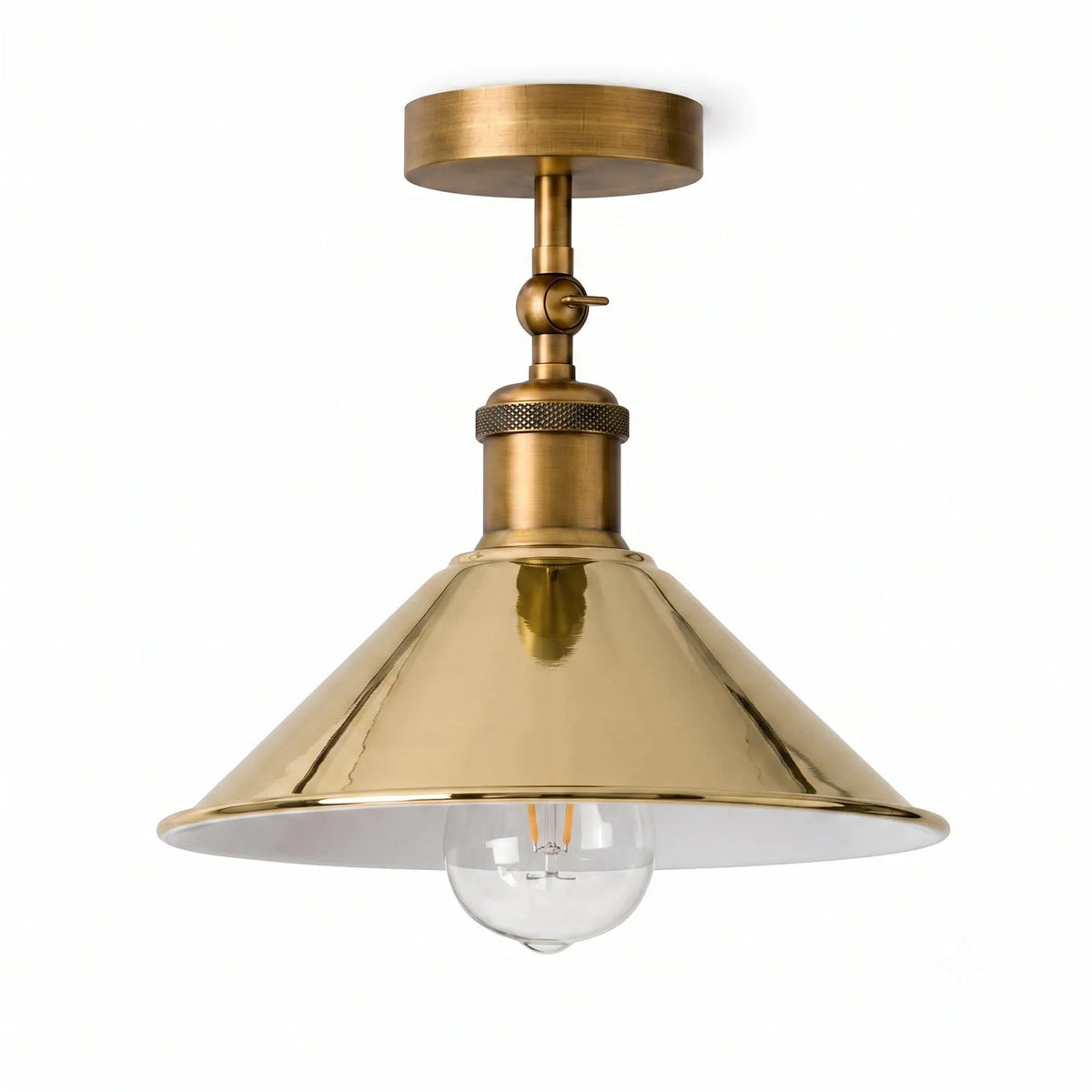 Adjustable Semi Flush Light with Switch – Wall or Ceiling, E27, with Shade - Yellow Brass, Flat Cone 22 cm French Gold, Without Bulb