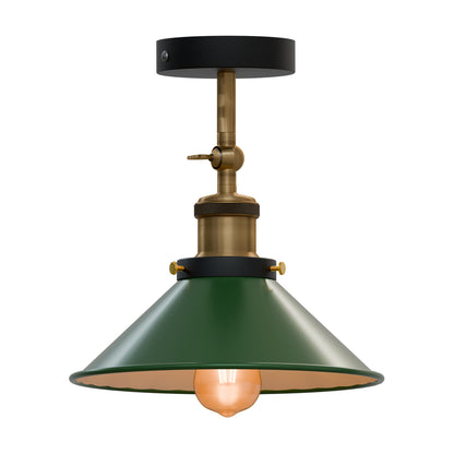 Adjustable Semi Flush Light with Switch – Wall or Ceiling, E27, with Shade - Yellow Brass, Flat Cone 22 cm Green 120 mm Rose Shade Ring, Without Bulb