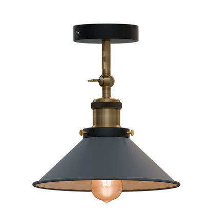 Adjustable Semi Flush Light with Switch – Wall or Ceiling, E27, with Shade - Yellow Brass, Flat Cone 22 cm Grey Shade Ring, Without Bulb