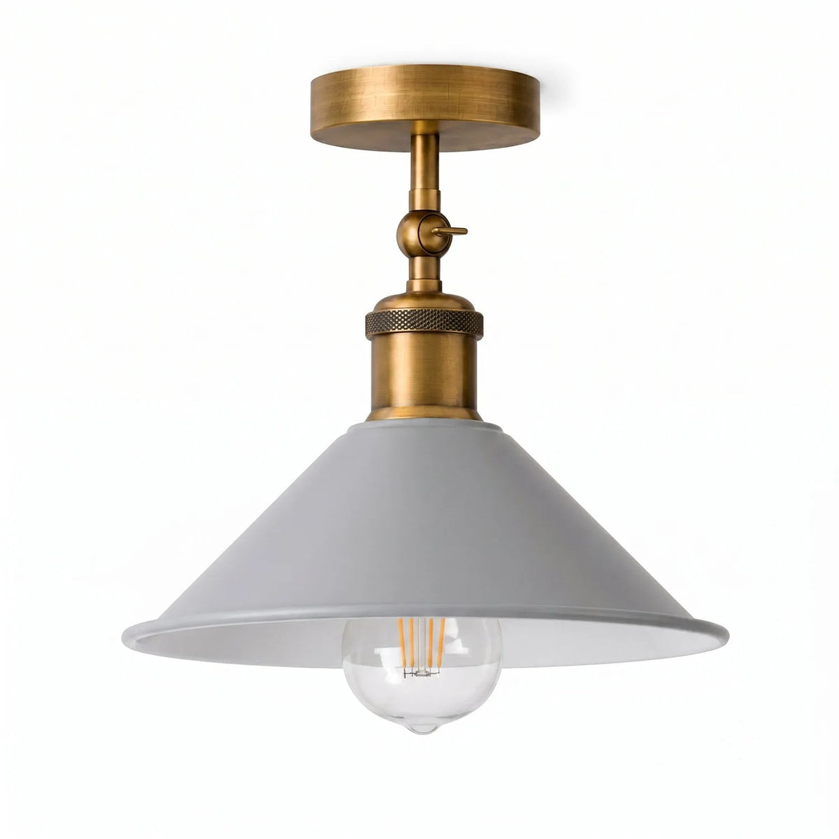 Adjustable Semi Flush Light with Switch – Wall or Ceiling, E27, with Shade - Yellow Brass, Flat Cone 22 cm Grey, Without Bulb