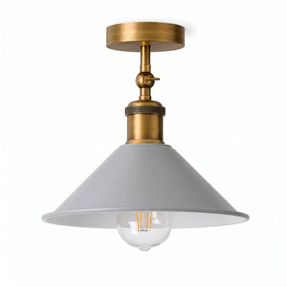 Adjustable Semi Flush Light with Switch – Wall or Ceiling, E27, with Shade - Yellow Brass, Flat Cone 22 cm Grey, Without Bulb