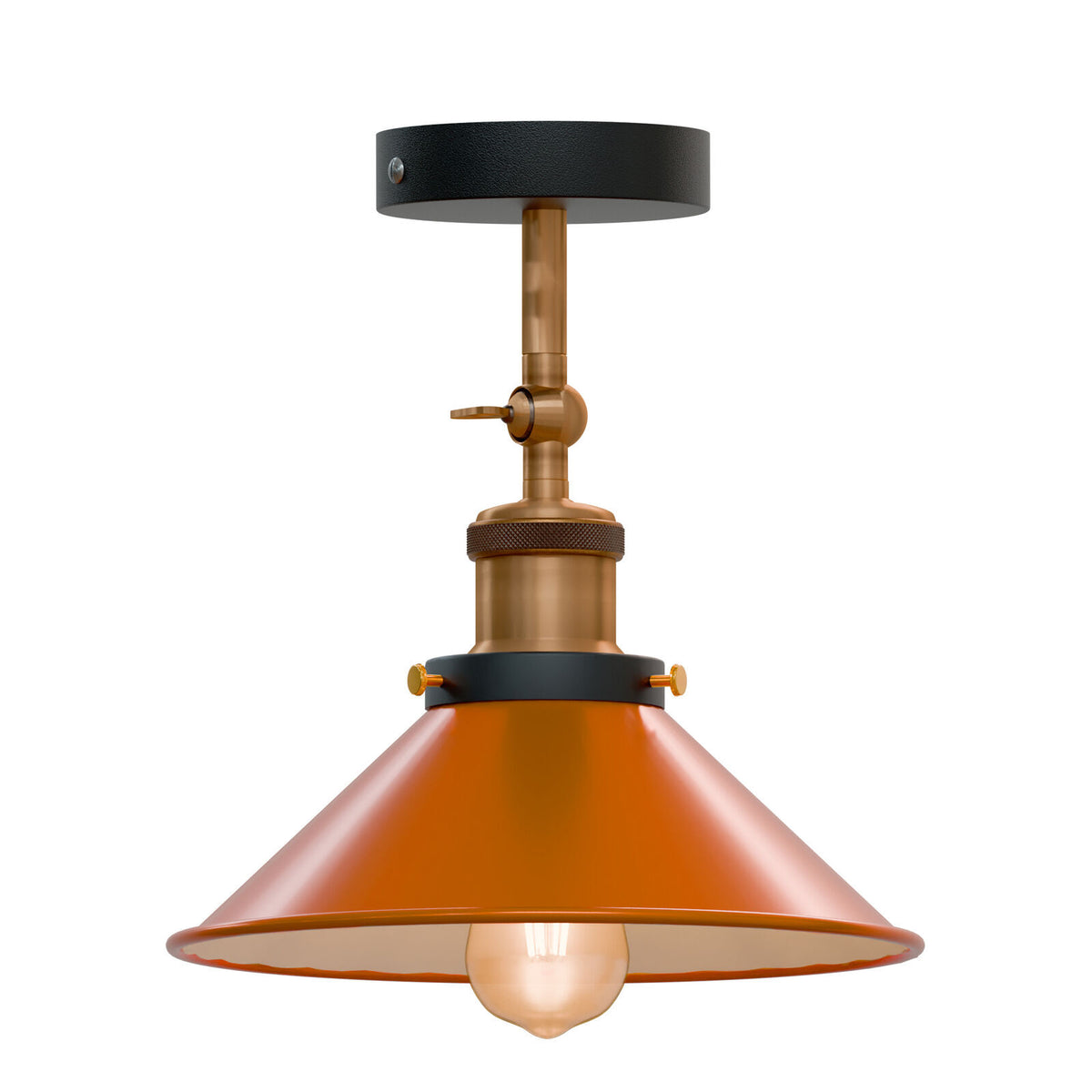 Adjustable Semi Flush Light with Switch – Wall or Ceiling, E27, with Shade - Yellow Brass, Flat Cone 22 cm Orange Shade Ring, Without Bulb