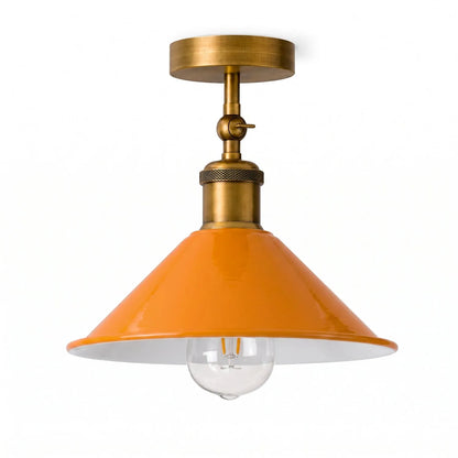 Adjustable Semi Flush Light with Switch – Wall or Ceiling, E27, with Shade - Yellow Brass, Flat Cone 22 cm Orange, Without Bulb