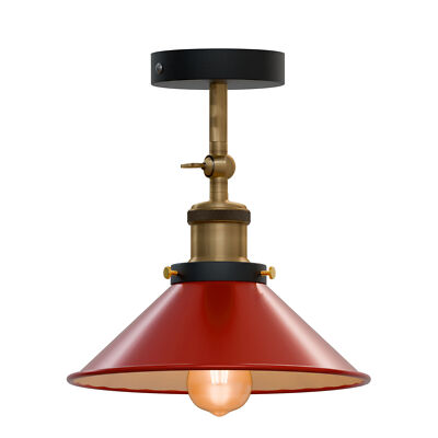 Adjustable Semi Flush Light with Switch – Wall or Ceiling, E27, with Shade - Yellow Brass, Flat Cone 22 cm Red Shade Ring, Without Bulb