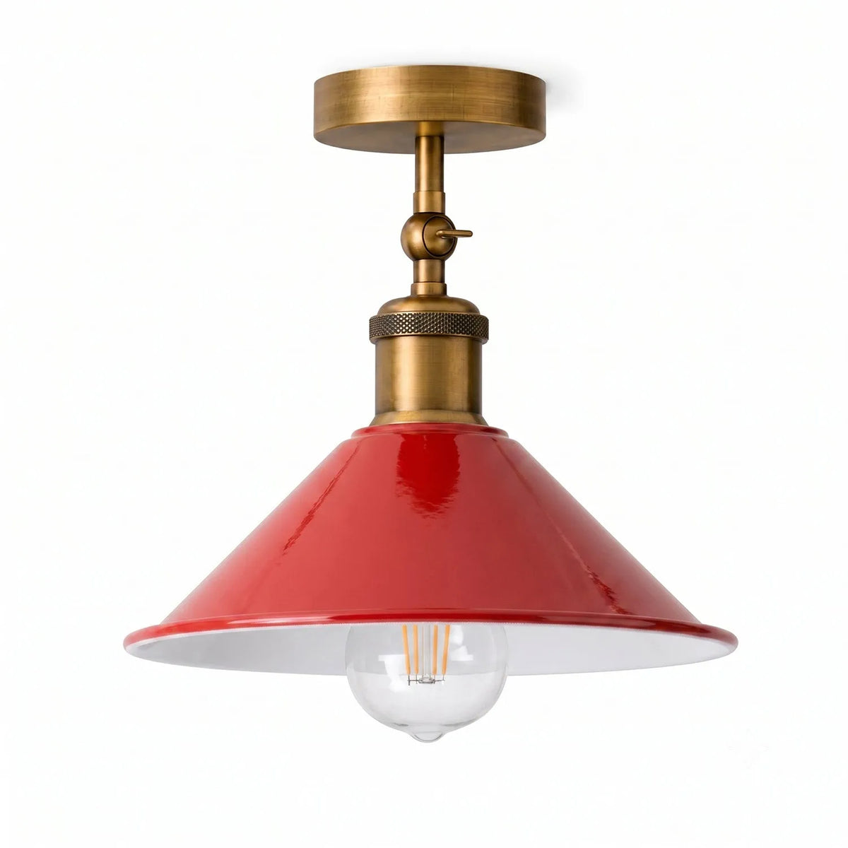 Adjustable Semi Flush Light with Switch – Wall or Ceiling, E27, with Shade - Yellow Brass, Flat Cone 22 cm Red, Without Bulb