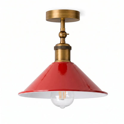 Adjustable Semi Flush Light with Switch – Wall or Ceiling, E27, with Shade - Yellow Brass, Flat Cone 22 cm Red, Without Bulb