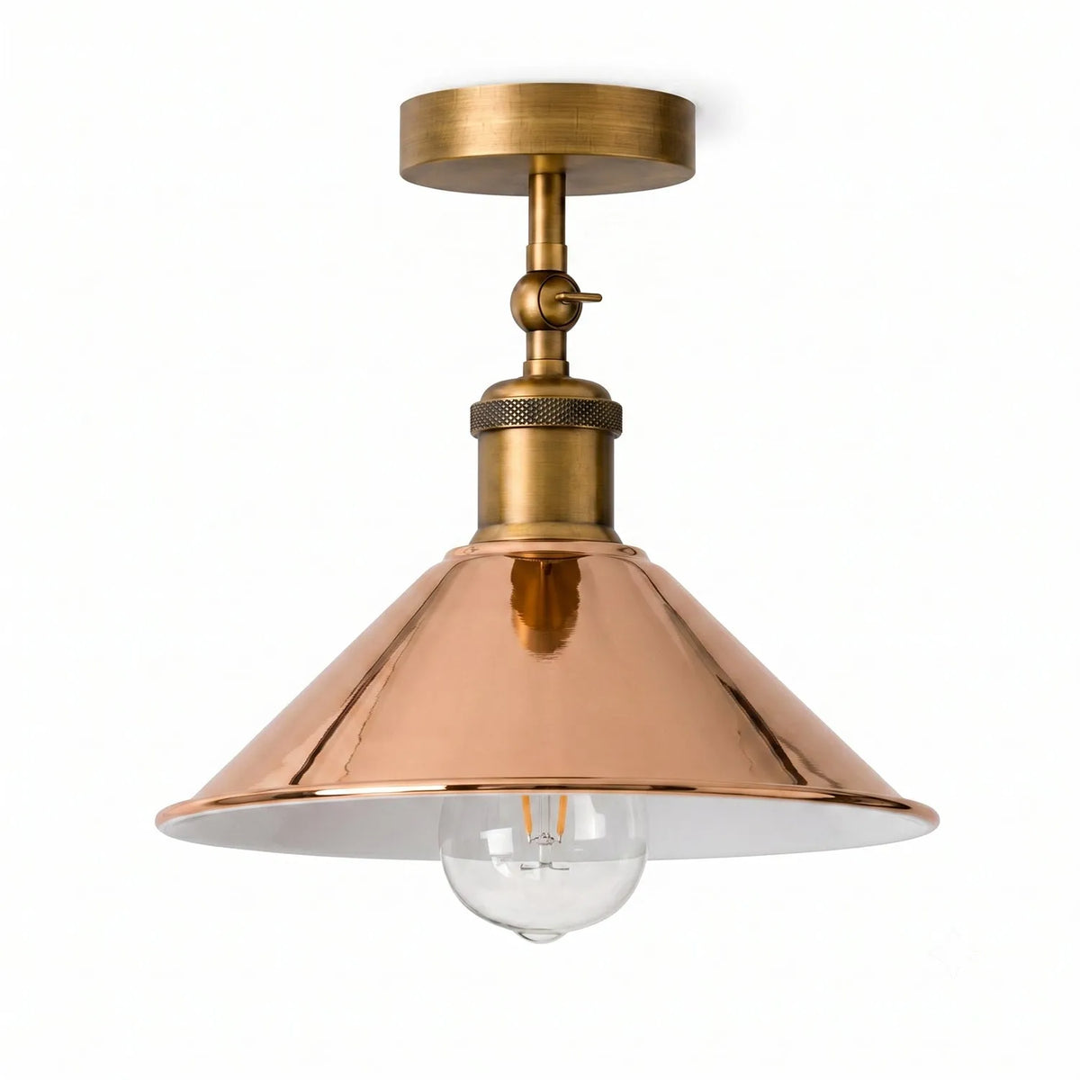 Adjustable Semi Flush Light with Switch – Wall or Ceiling, E27, with Shade - Yellow Brass, Flat Cone 22 cm Rose Gold, Without Bulb