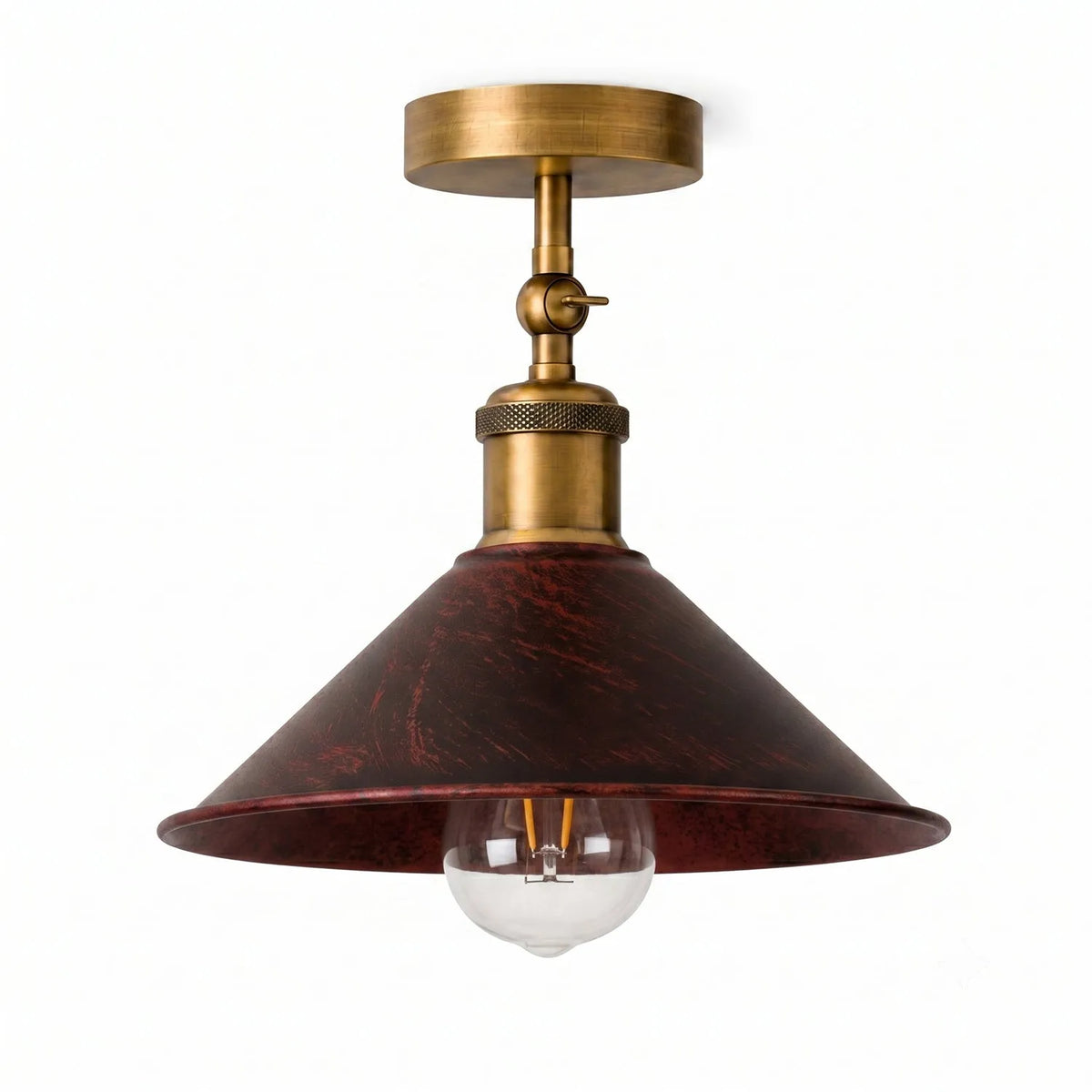 Adjustable Semi Flush Light with Switch – Wall or Ceiling, E27, with Shade - Yellow Brass, Flat Cone 22 cm Rustic Red, Without Bulb