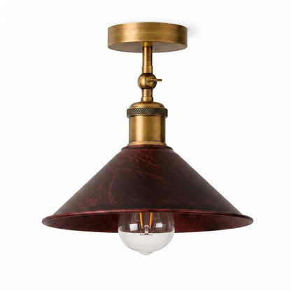 Adjustable Semi Flush Light with Switch – Wall or Ceiling, E27, with Shade - Yellow Brass, Flat Cone 22 cm Rustic Red, Without Bulb