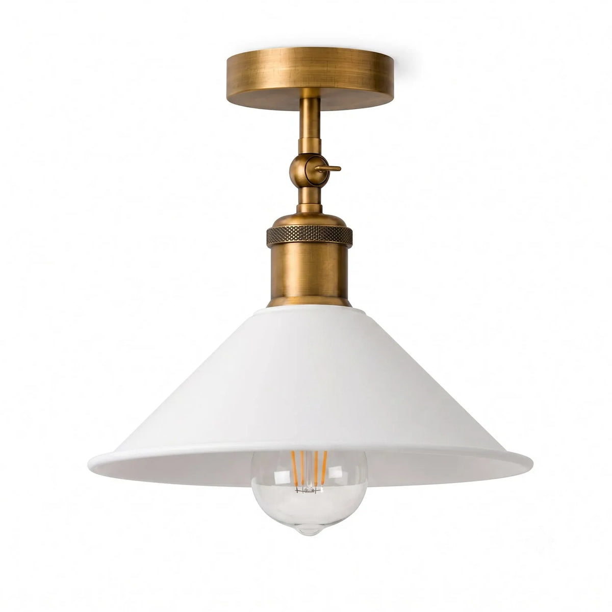 Adjustable Semi Flush Light with Switch – Wall or Ceiling, E27, with Shade - Yellow Brass, Flat Cone 22 cm White, Without Bulb