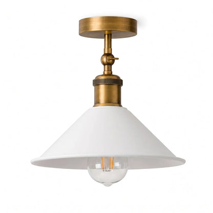 Adjustable Semi Flush Light with Switch – Wall or Ceiling, E27, with Shade - Yellow Brass, Flat Cone 22 cm White, Without Bulb