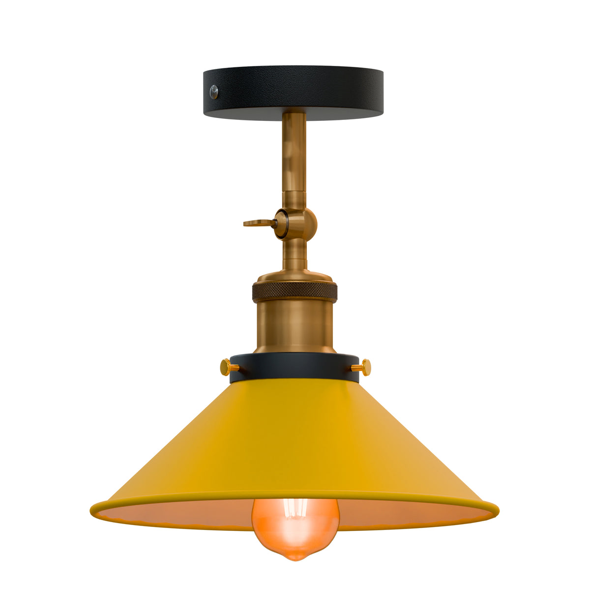 Adjustable Semi Flush Light with Switch – Wall or Ceiling, E27, with Shade - Yellow Brass, Flat Cone 22 cm Yellow 120 mm Rose Shade Ring, Without Bulb
