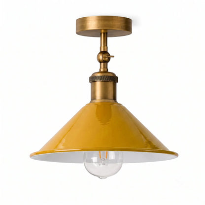 Adjustable Semi Flush Light with Switch – Wall or Ceiling, E27, with Shade - Yellow Brass, Flat Cone 22 cm Yellow, Without Bulb