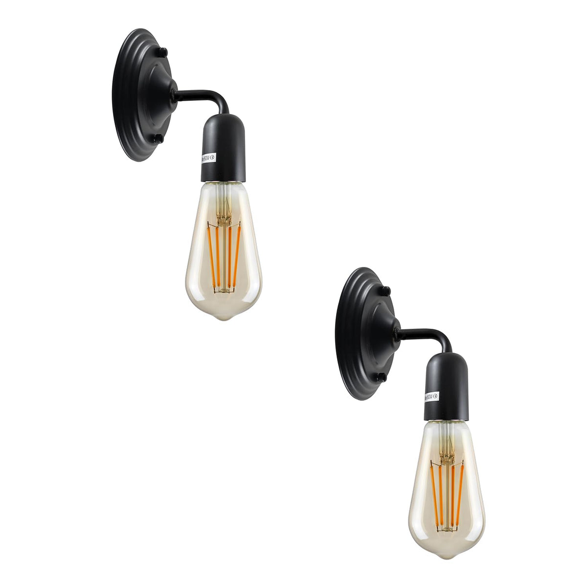 Short Arm Wall Light Holder – 8 Finishes, E27 - Matt Black, No Shade Pack of 2, ST64 Bulb