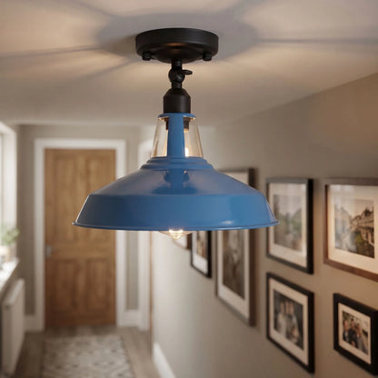 Short Arm Wall or Ceiling Light with Shade – Black, White, E27 - Black, Barn Slotted 30 cm Blue, Without Bulb