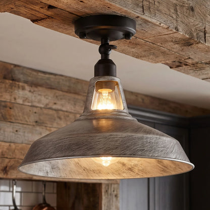 Short Arm Wall or Ceiling Light with Shade – Black, White, E27 - Black, Barn Slotted 30 cm Brushed Silver, Without Bulb