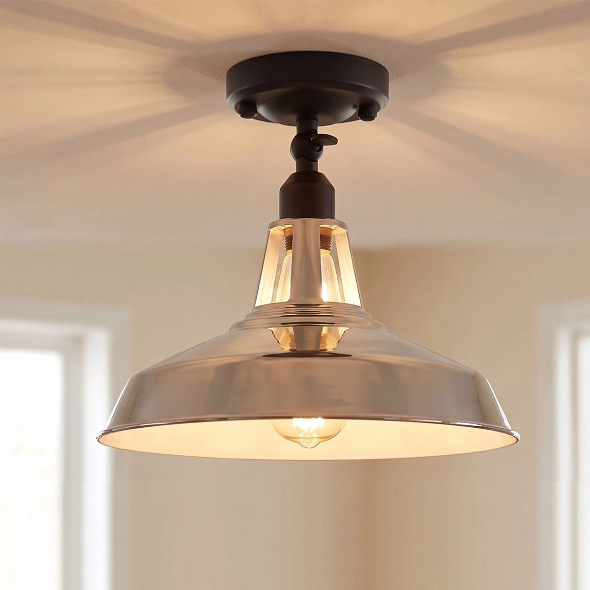 Short Arm Wall or Ceiling Light with Shade – Black, White, E27 - Black, Barn Slotted 30 cm Chrome, Without Bulb