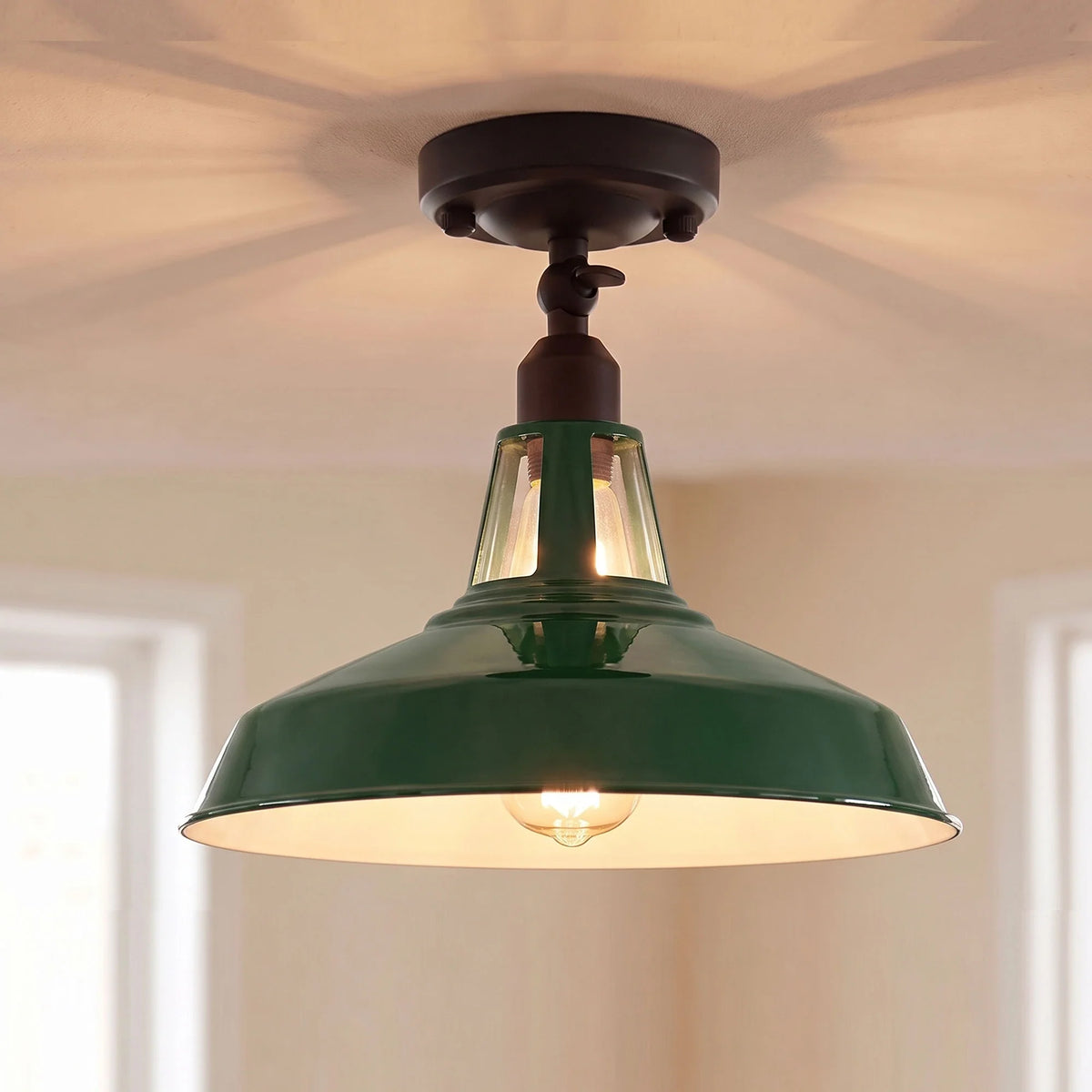 Short Arm Wall or Ceiling Light with Shade – Black, White, E27 - Black, Barn Slotted 30 cm Green, Without Bulb