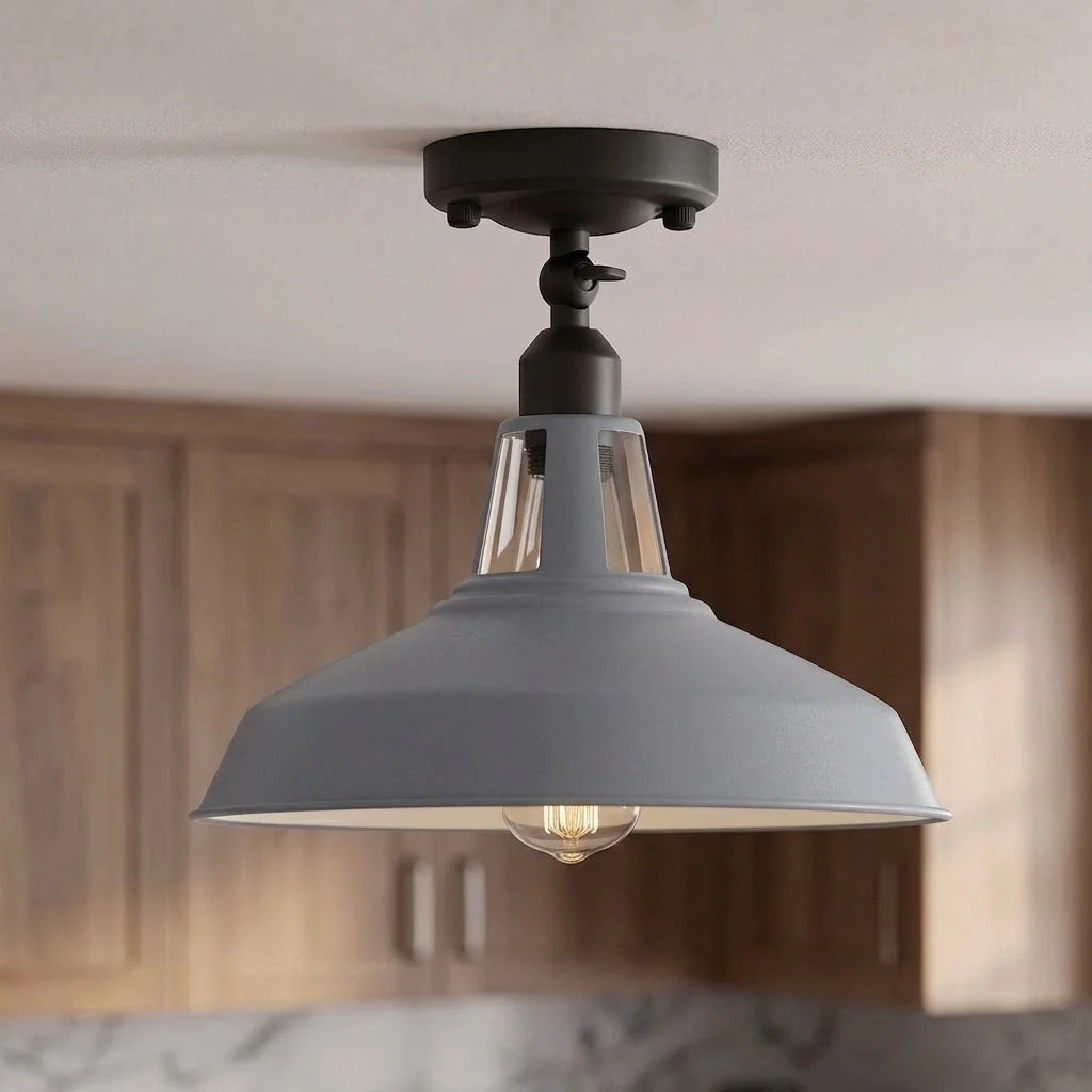Short Arm Wall or Ceiling Light with Shade – Black, White, E27 - Black, Barn Slotted 30 cm Grey, Without Bulb