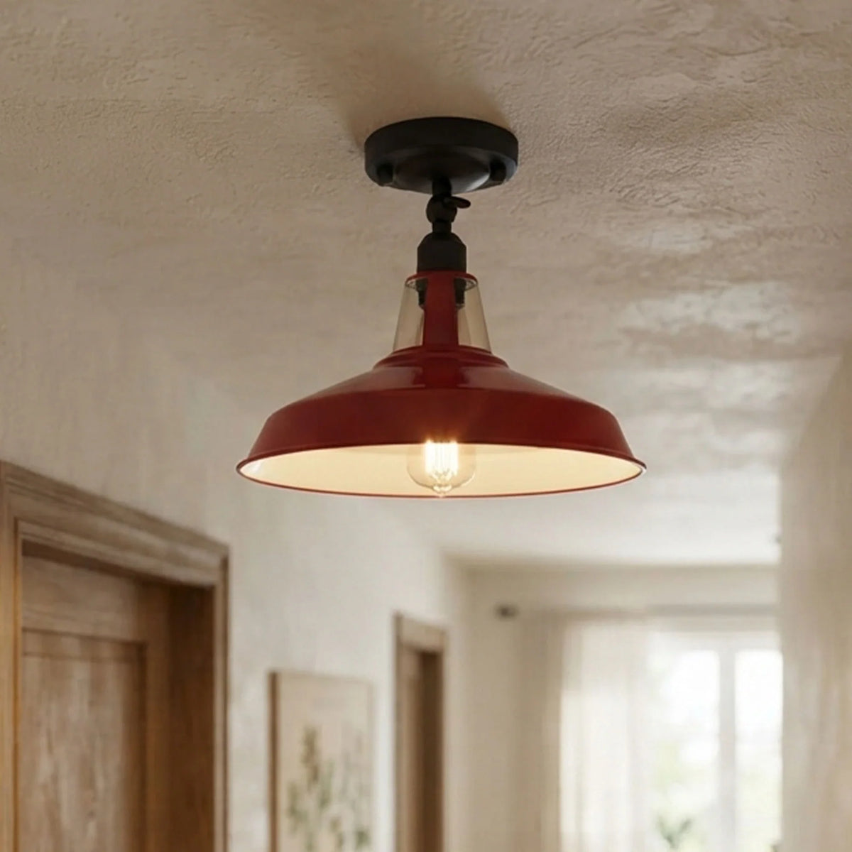Short Arm Wall or Ceiling Light with Shade – Black, White, E27 - Black, Barn Slotted 30 cm Red, Without Bulb