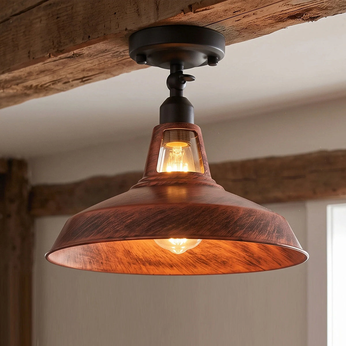 Short Arm Wall or Ceiling Light with Shade – Black, White, E27 - Black, Barn Slotted 30 cm Rustic Red, Without Bulb