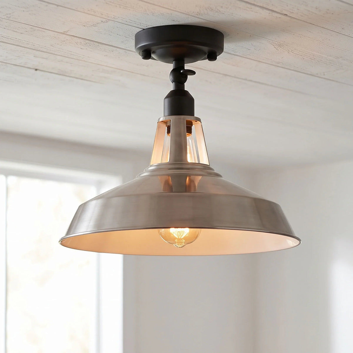 Short Arm Wall or Ceiling Light with Shade – Black, White, E27 - Black, Barn Slotted 30 cm Satin Nickel, Without Bulb