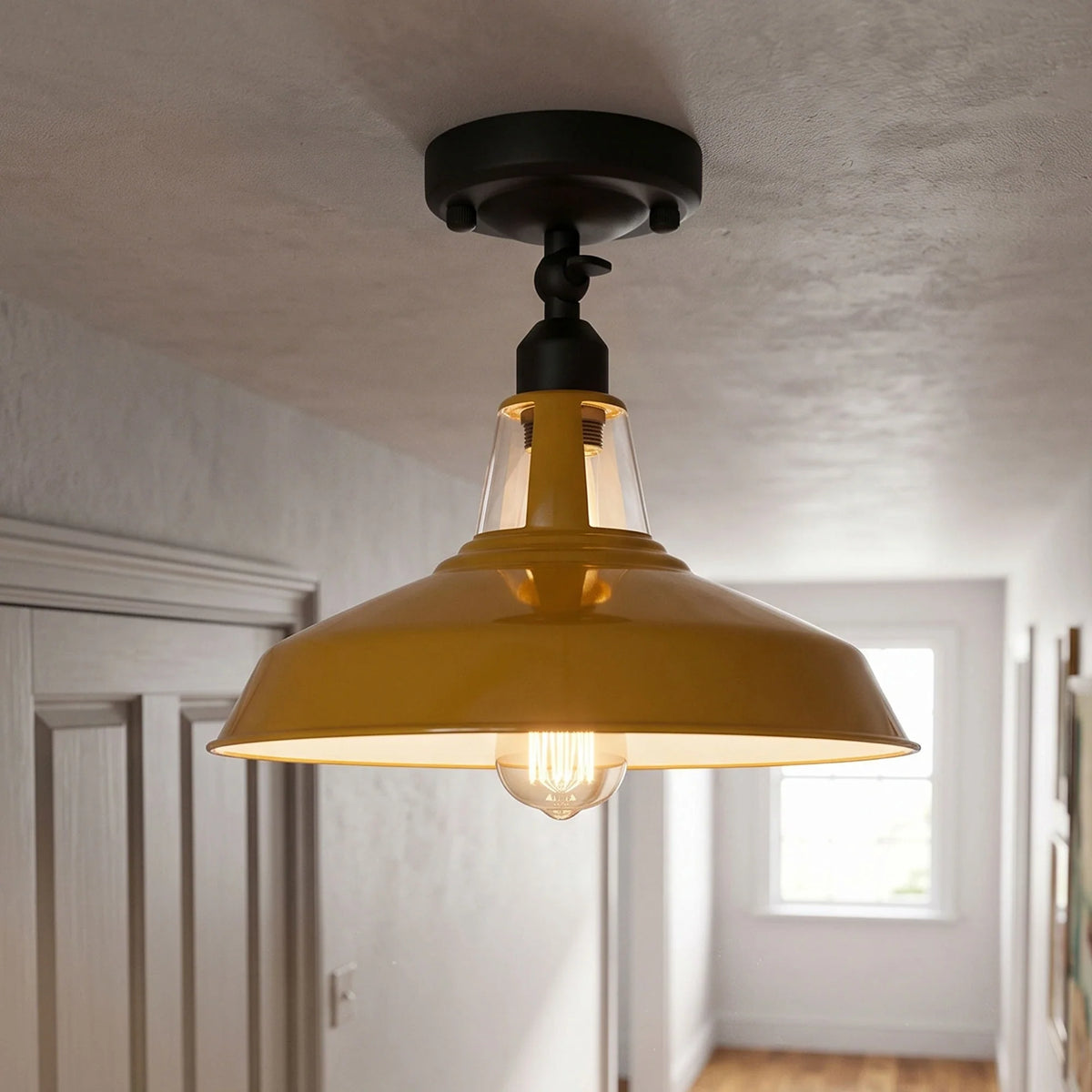 Short Arm Wall or Ceiling Light with Shade – Black, White, E27 - Black, Barn Slotted 30 cm Yellow, Without Bulb
