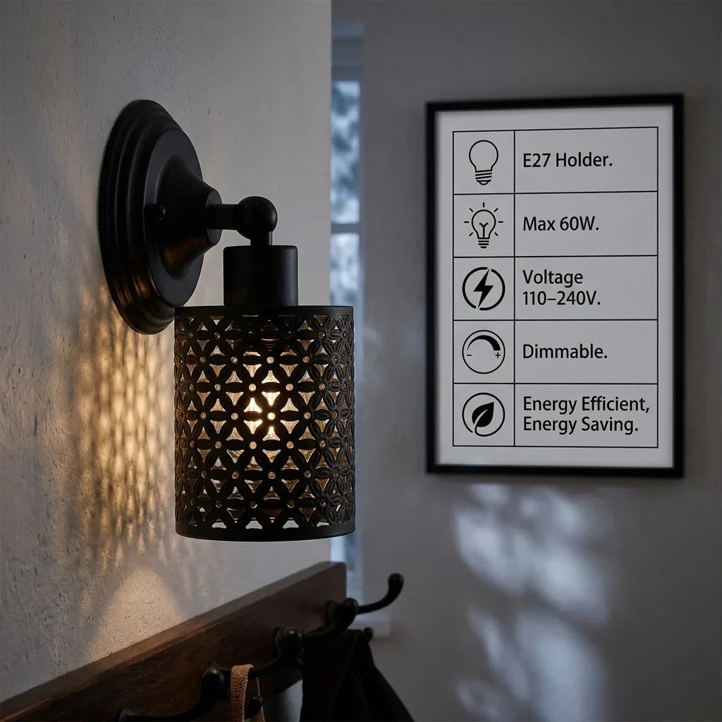 Short Arm Wall or Ceiling Light with Shade – Black, White, E27 - Black, Barrel Cage Style 2 Black 140 mm Rose, Without Bulb