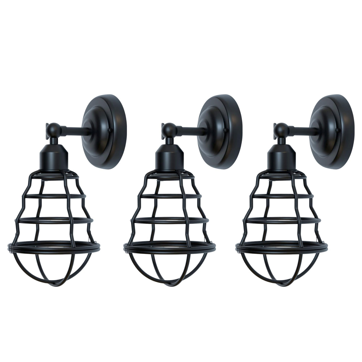 Short Arm Wall or Ceiling Light with Shade – Black, White, E27 - Black, Cage Black Pack of 3, Without Bulb