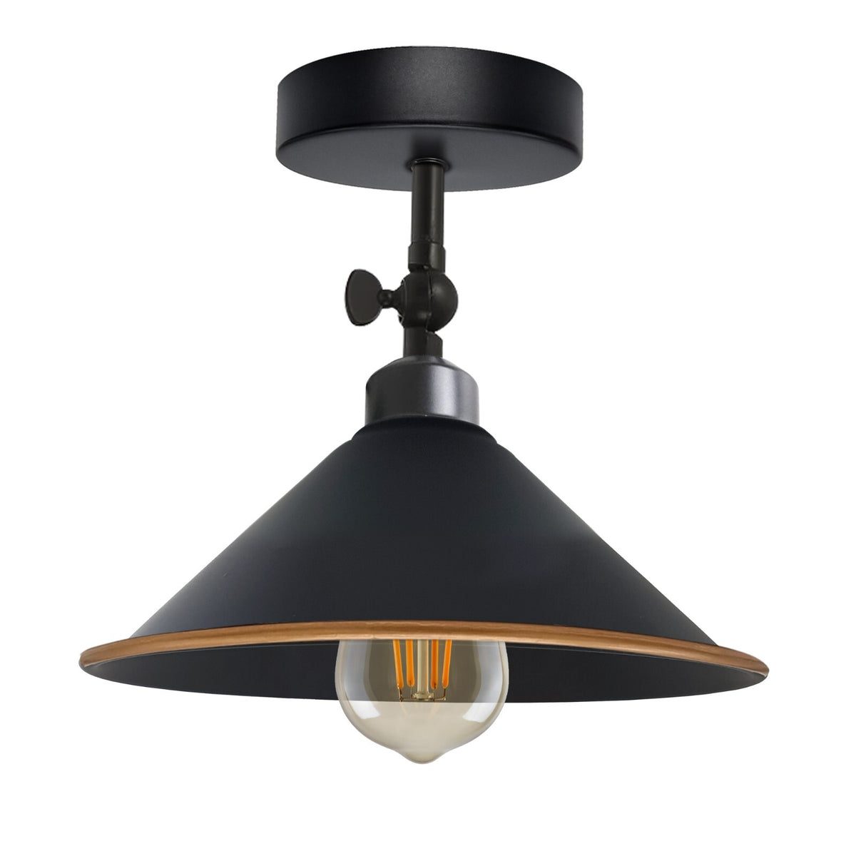 Short Arm Wall or Ceiling Light with Shade – Black, White, E27 - Black, Flat Cone 22 cm Black & Gold Line, Without Bulb