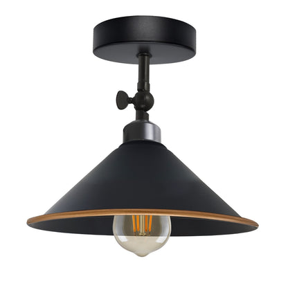 Short Arm Wall or Ceiling Light with Shade – Black, White, E27 - Black, Flat Cone 22 cm Black & Gold Line, Without Bulb