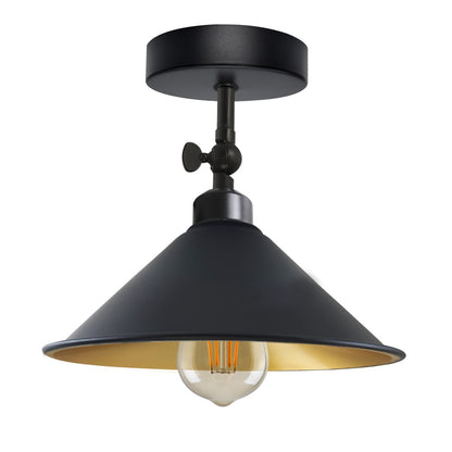Short Arm Wall or Ceiling Light with Shade – Black, White, E27 - Black, Flat Cone 22 cm Black & Gold, Without Bulb