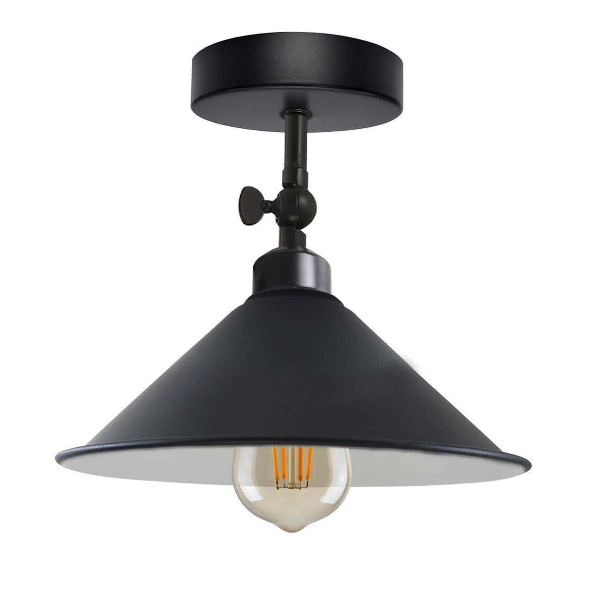 Short Arm Wall or Ceiling Light with Shade – Black, White, E27 - Black, Flat Cone 22 cm Black & White Inner, Without Bulb