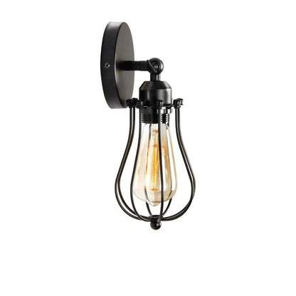 Short Arm Wall or Ceiling Light with Shade – Black, White, E27 - Black, Round Cage Black, T130 LED Bulb 4W