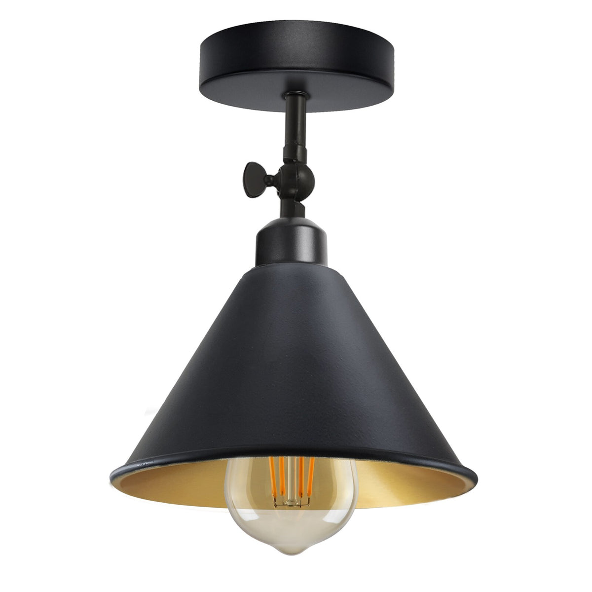 Short Arm Wall or Ceiling Light with Shade – Black, White, E27 - Black, Small Cone 18 cm Black & Gold, Without Bulb