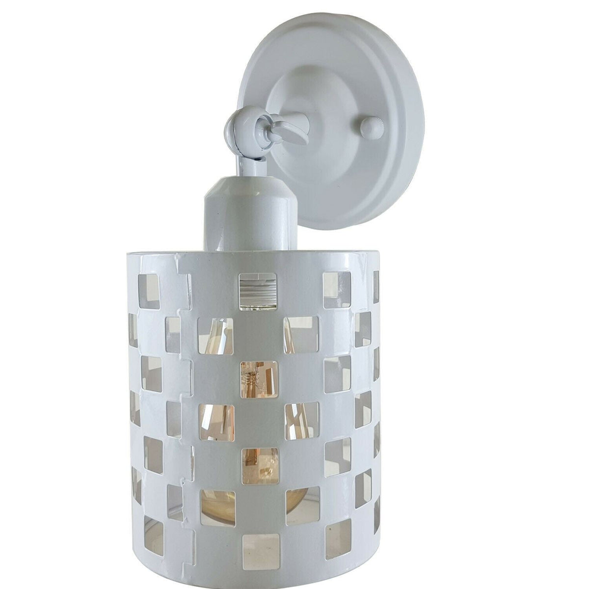 Short Arm Wall or Ceiling Light with Shade – Black, White, E27 - White, Barrel Cage Style 1 White 108 mm Rose, Without Bulb