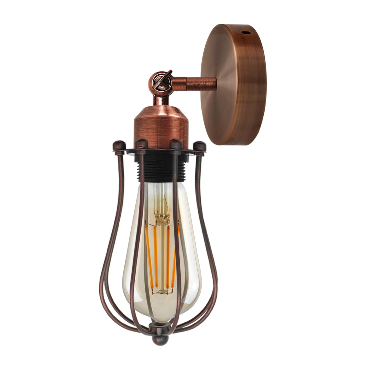 Short Arm Wall Sconce with Shade – Chrome, Copper, French Gold & more - Copper, Round Cage Rustic Red, ST64 LED Bulb 8W