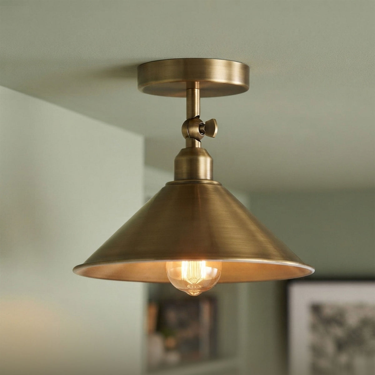 Short Arm Wall Sconce with Shade – Chrome, Copper, French Gold & more - Green Brass, Flat Cone 22 cm Green Brass, Without Bulb