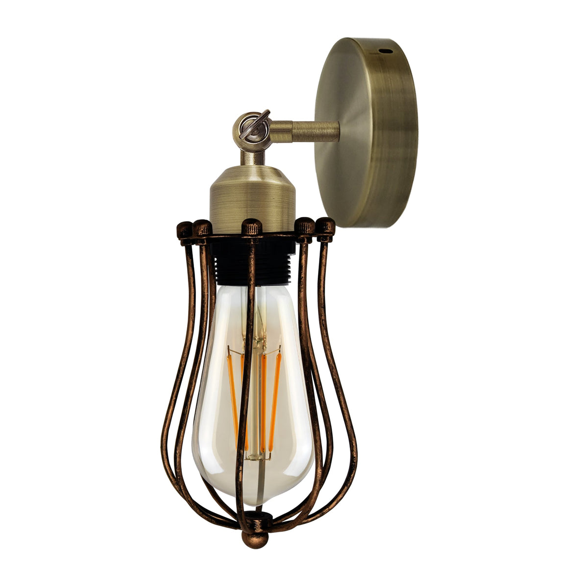 Short Arm Wall Sconce with Shade – Chrome, Copper, French Gold & more - Green Brass, Round Cage Brushed Copper, T130 LED Bulb 4W