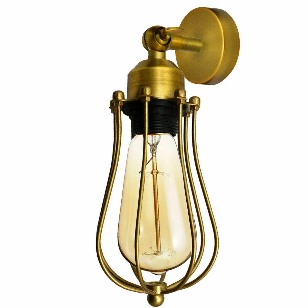 Short Arm Wall Sconce with Shade – Chrome, Copper, French Gold & more - Yellow Brass, Round Cage Gold, T130 LED Bulb 4W