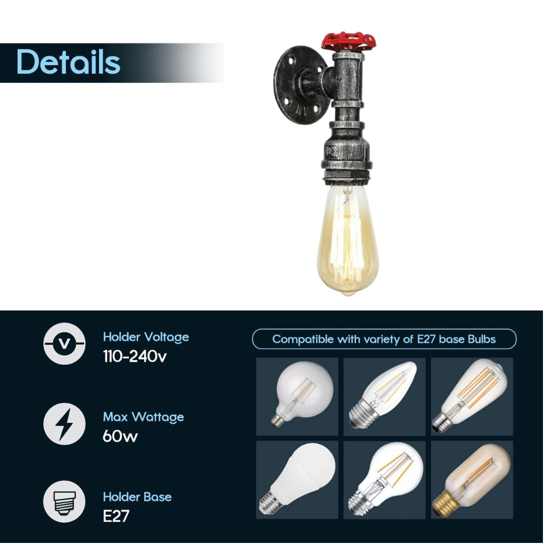 Steampunk Water Pipe Wall Light with Red Valve – E27 - photo 2