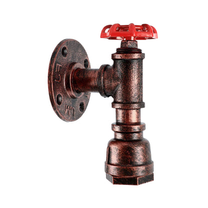 Steampunk Water Pipe Wall Light with Red Valve – E27 - Rustic Red, No Shade, Without Bulb