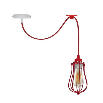 Silicone Swag Pendant Light – 1 m Fabric Cable, E27, 8 Colours - T130 LED Bulb 4W, Red, Round Cage Red Hook