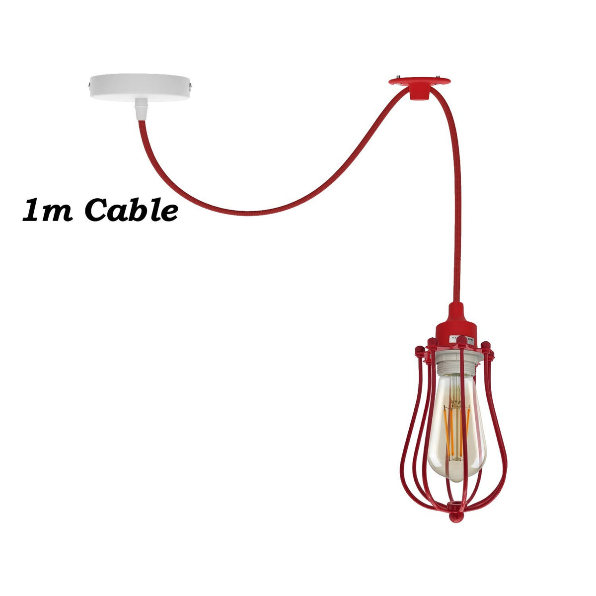 Silicone Swag Pendant Light – 1 m Fabric Cable, E27, 8 Colours - T130 LED Bulb 4W, Red, Round Cage Red
