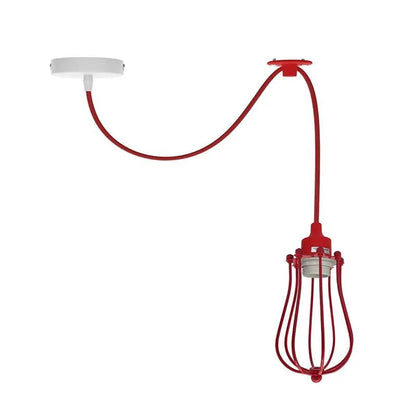 Silicone Swag Pendant Light – 1 m Fabric Cable, E27, 8 Colours - Without Bulb, Red, Round Cage Red Hook