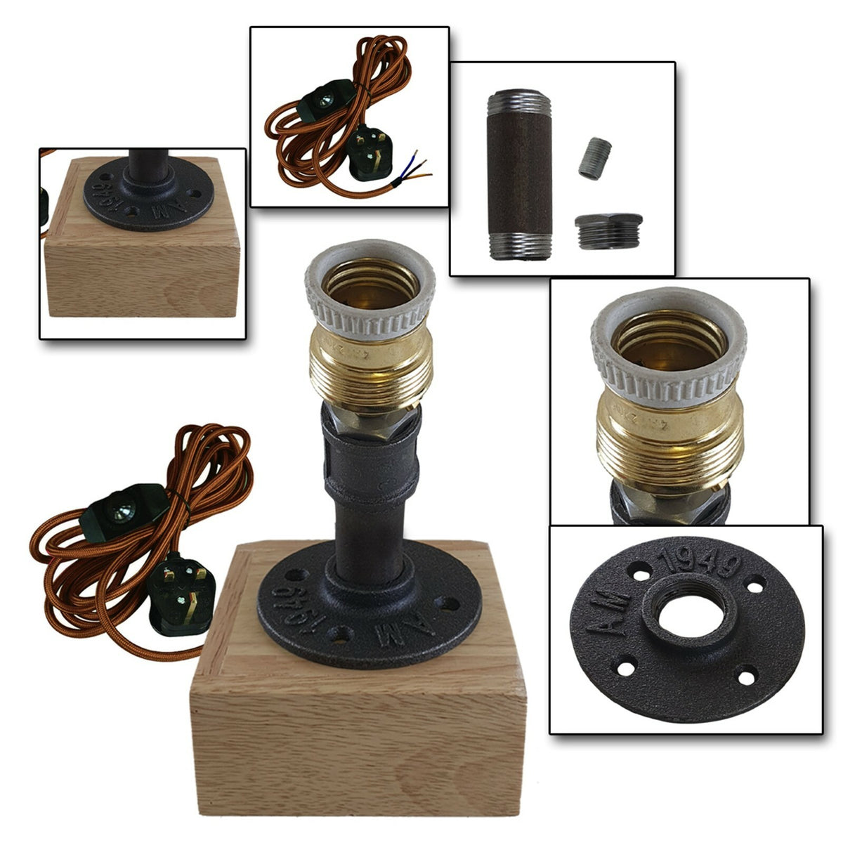 Small Metal Pipe Table Lamp with Wooden Base E27 - photo 4