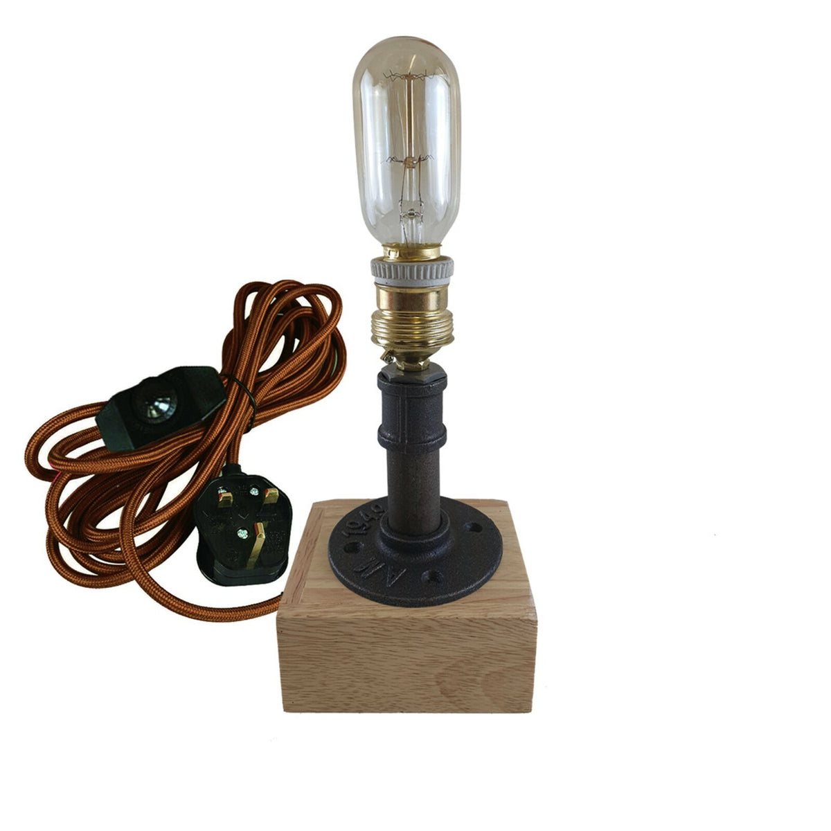 Small Metal Pipe Table Lamp with Wooden Base E27 - Without Bulb