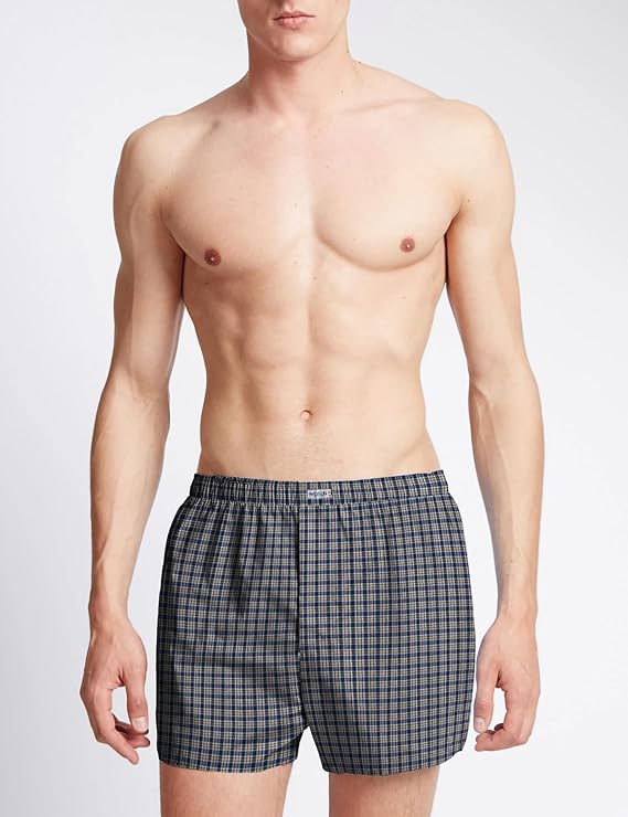 Men's Woven Cotton Boxer Shorts – Grey & Blue Check, Button Fly, L to XXL - photo 4