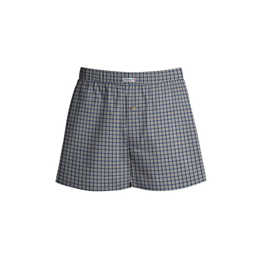 Men's Woven Cotton Boxer Shorts – Grey & Blue Check, Button Fly, L to XXL - L